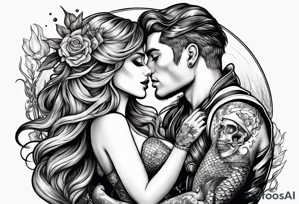 mermaid kissing a sailor with skulls tattoo idea