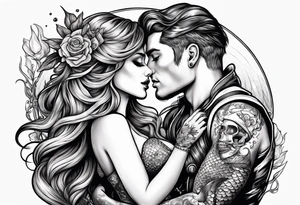 mermaid kissing a sailor with skulls tattoo idea