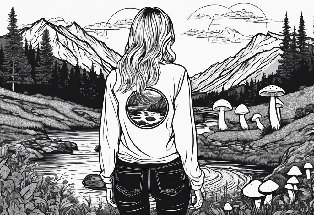 Whole picture encircled fully

Straight long blonde hair hippie girl in distance holding mushrooms in hand facing away toward mountains and creek surrounded by mushrooms long sleeve shirt and hiking pants; whole rendering within a full circle, no cut off circle tattoo idea