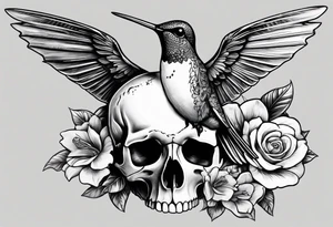 hummingbird, skull, flower, storm clouds tattoo idea