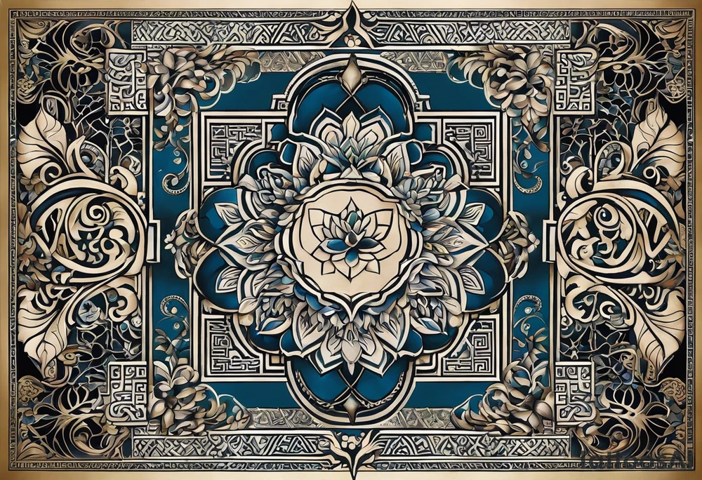 Ein blaues Tattoo über den ganzen Rücken aus orientalischen Fliesen, einem Bonsai, einem Monstera Ableger, Zitronen und Maori Stilelemente. Vertikal über der Wirbelsäule solte Perspektive mit teilweise verdrehten Buchstaben stehen. Abschließend an der hüfte entlang einen runden po zaubern. Alles vertikal tattoo idea