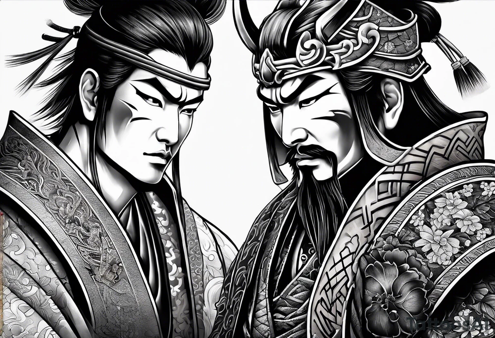 Japanese Samurai two Mask Tattoo Designs laugh and cry tattoo idea