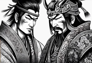Japanese Samurai two Mask Tattoo Designs laugh and cry tattoo idea