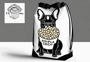 a pop corn bag with written on it Myla's crunch and the head of a french bulldog as a logo on the bag tattoo idea