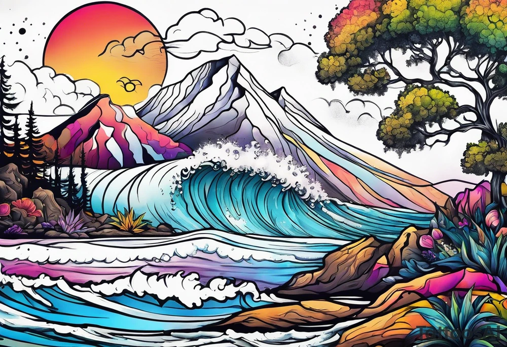 Beach and mountains tattoo idea