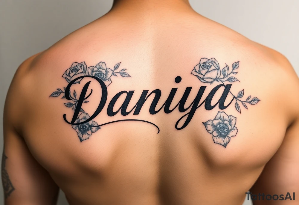 Daniya singleton name with roses around it tattoo idea