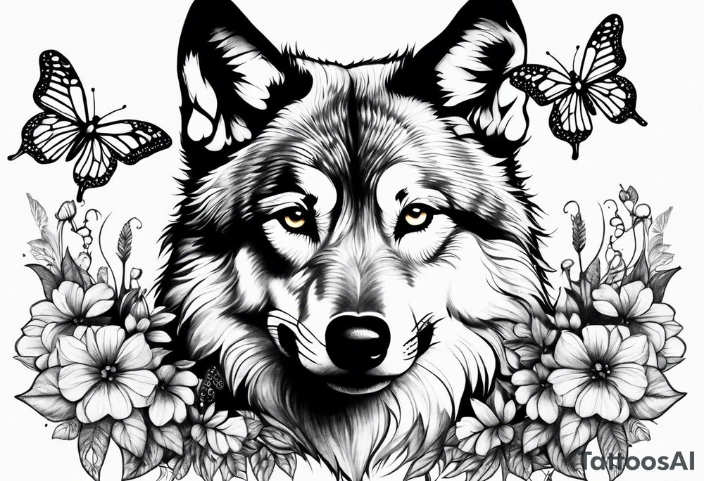 Wolf puppy and butterflies tattoo idea