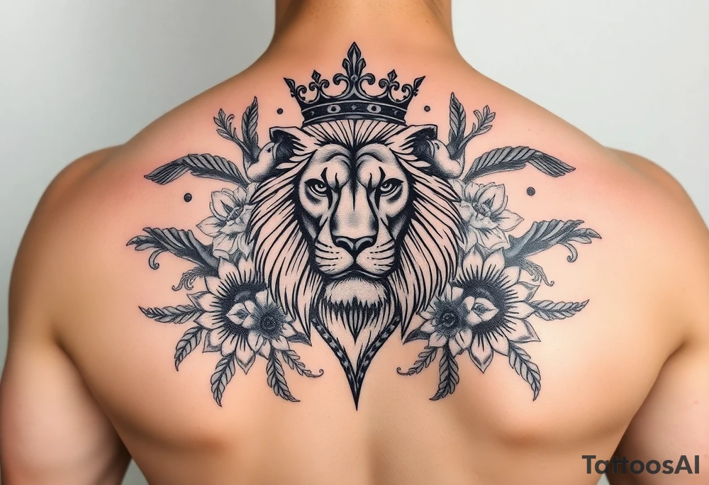 powerful majestic lion with a crown, surrounded by floral ornaments and birds tattoo idea