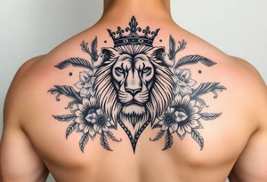 powerful majestic lion with a crown, surrounded by floral ornaments and birds tattoo idea
