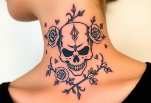 gothic skull intertwined with climbing roses and thorny vines tattoo idea