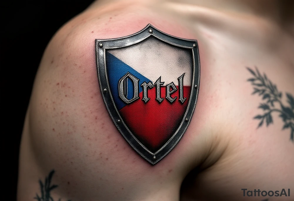 A medieval knight’s shield with the Czech flag draped over it, the word Ortel carved into the steel, in silver, red, and blue tattoo idea