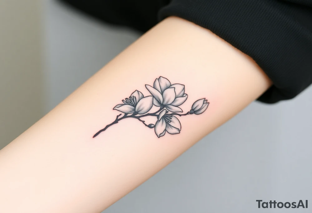 Branch with few magnolia flowers, in different blossom stages with botanical details tattoo idea