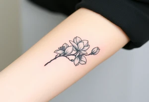 Branch with few magnolia flowers, in different blossom stages with botanical details tattoo idea