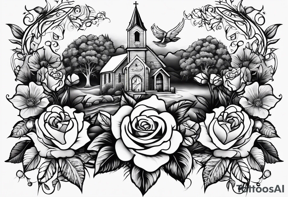 Tattoo thigh peice with Roses and flowers With nursing and hunting and cows and bulls and fishing and love and church. tattoo idea