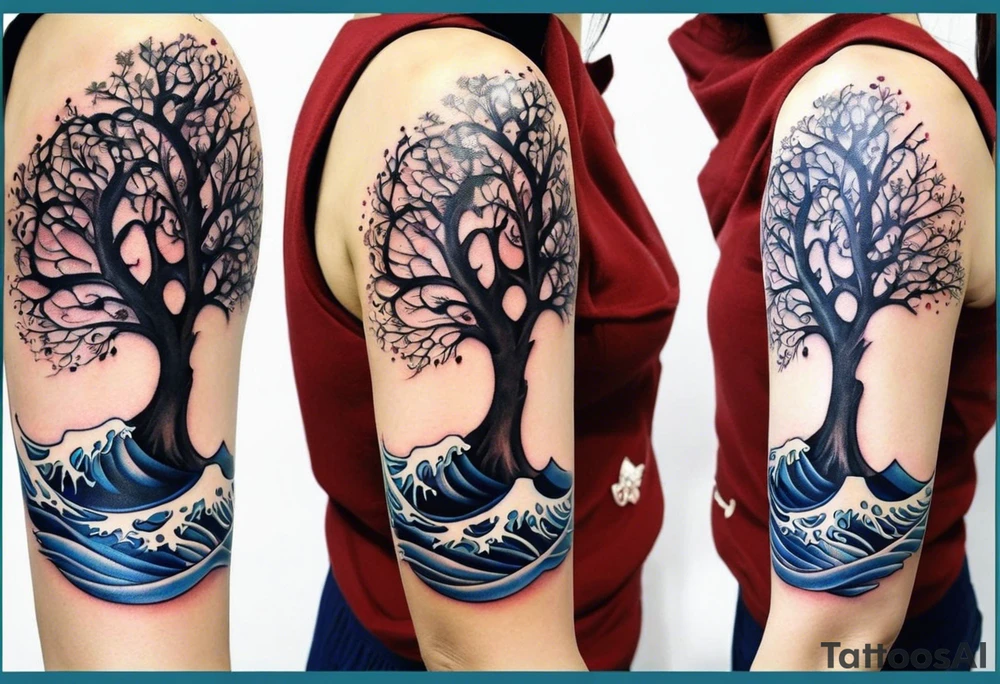 A tattoo of an abstract Tree of life tattoo to be placed on the upper side bicep of a woman. It can wrap around the arm a little. It should have roots growing out of the bottom. The roots slowly turn into water from the great wave by Hokusai. A golf flag should be placed discreetly growing out of the ground. 2 license plate tags should be hanging from the tree. Place a few music notes in the areas the leaves should be. The letters A U should be engraving into the tree trunk in a heart tattoo idea