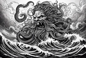Kraken tentacles grabbing Poseidon thrusting trident into monster deep ocean stormy tattoo idea