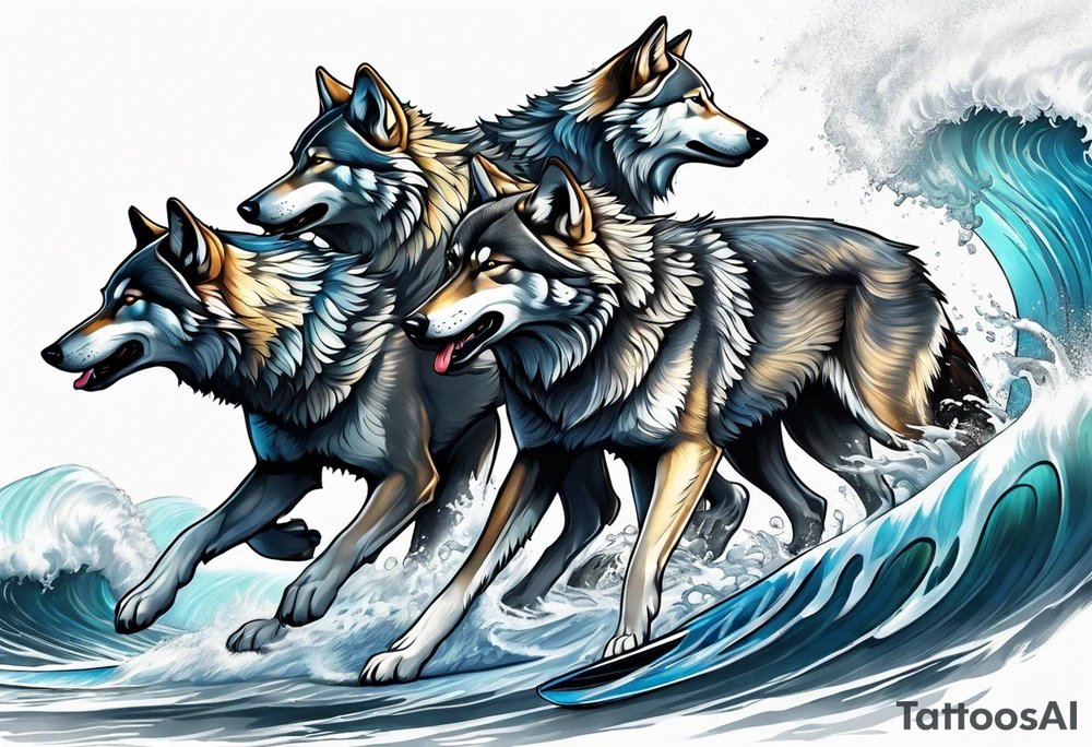 a pack muscular of gray wolves surfing tattoo idea