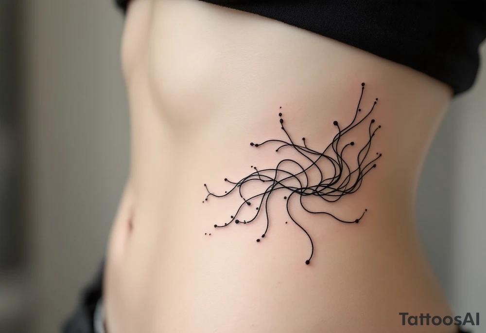 A delicate, large-scale fine line tattoo on the side torso of a woman with fair skin, extending from the ribs to the hip. The design features flowing, abstract organic lines resembling underwater seaweed or jellyfish tentacles, with soft curvature and elegant movement. The black ink lines are thin and airy, creating a sense of fluidity and lightness. The tattoo combines abstract botanical and marine influences, with a sensual, feminine, modern aesthetic. Photorealistic style, high detail, natural lighting, soft shadows. tattoo idea