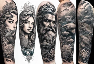 Full sleeve tattoo of ocean animals with Poseidon tattoo idea