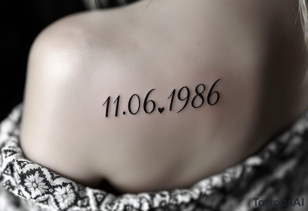 Feminine 11.06.1986 in cursive rose gold ink with a subtle heart between the day and month. tattoo idea