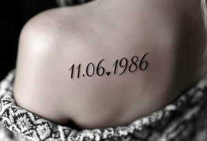 Feminine 11.06.1986 in cursive rose gold ink with a subtle heart between the day and month. tattoo idea
