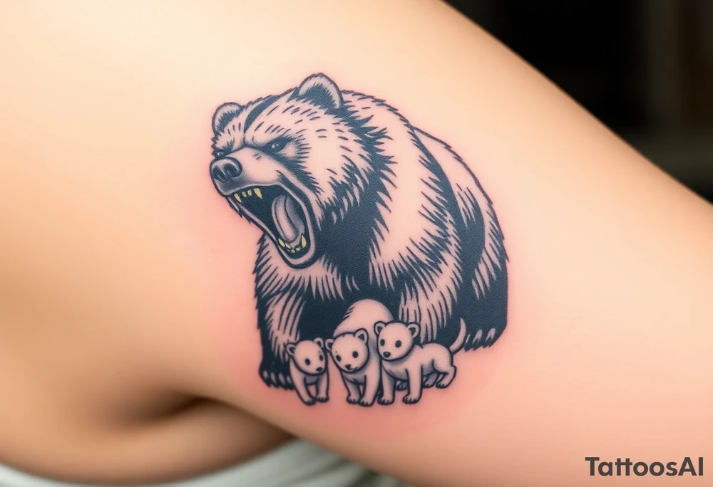 A detailed grizzly bear fiercely growling, looming over 4 cubs 3 girls and a boy. tattoo idea
