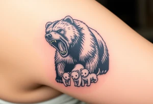 A detailed grizzly bear fiercely growling, looming over 4 cubs 3 girls and a boy. tattoo idea