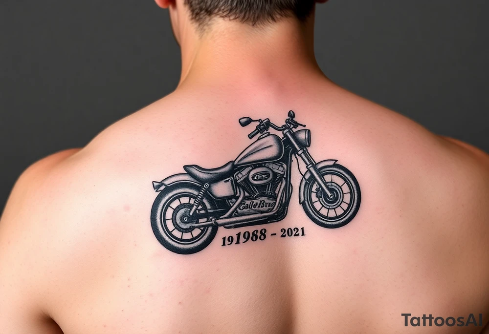 An arm tattoo with Dale Earnhardt car on it with the year 1958 - 2021 intertwined with a motorcycle with a Budweiser logo on it tattoo idea