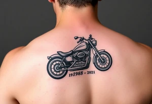 An arm tattoo with Dale Earnhardt car on it with the year 1958 - 2021 intertwined with a motorcycle with a Budweiser logo on it tattoo idea