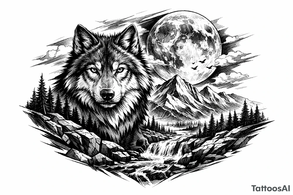 a wolf, landscape,full moon. tattoo idea