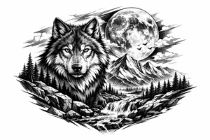 a wolf, landscape,full moon. tattoo idea
