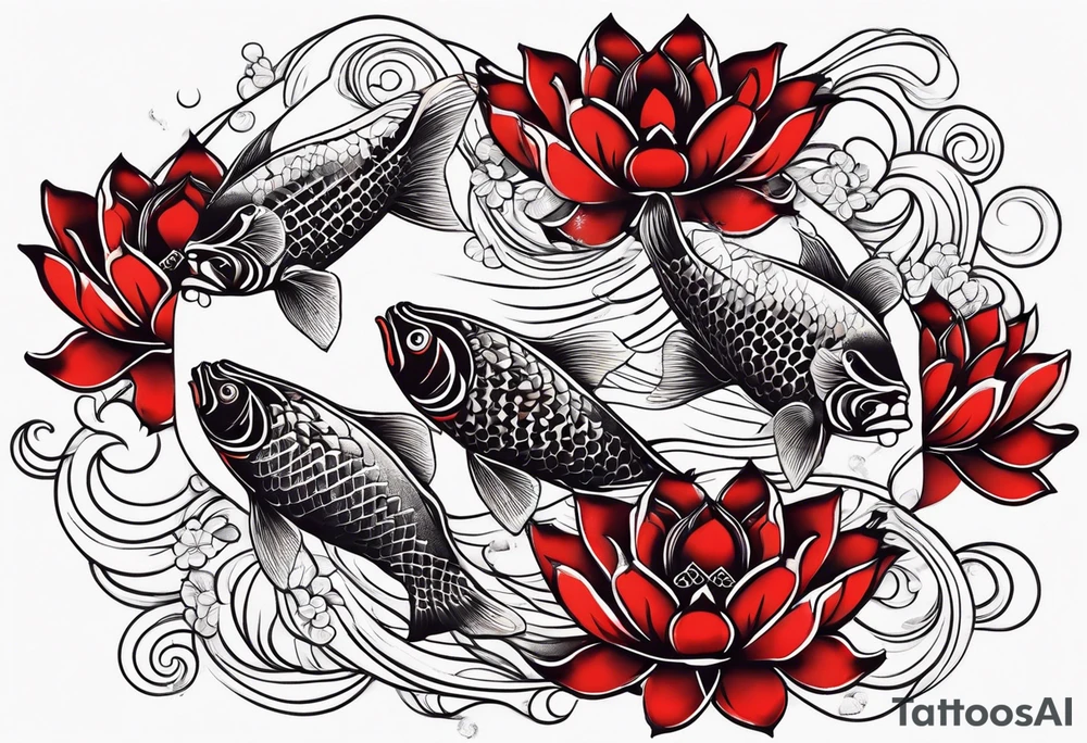 twin coi fish red and black with waves and lotus flowers tattoo idea