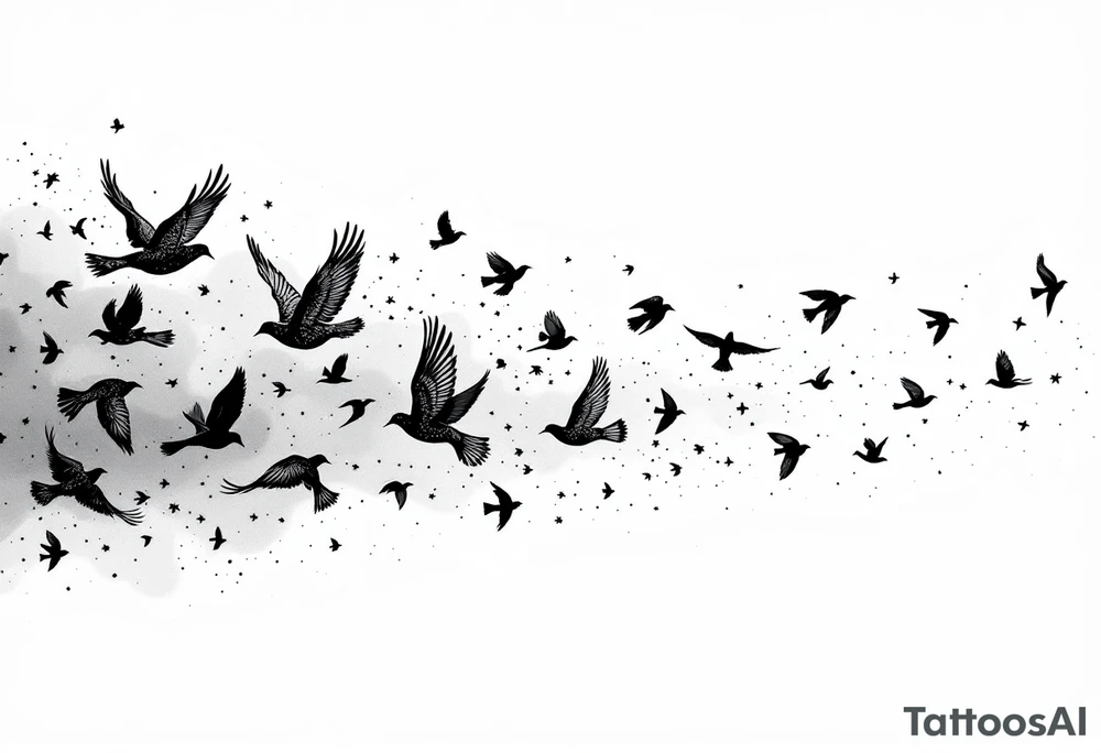 Flock of birds in flight across a fading sky – A dynamic group of birds soaring in various stages of flight, moving from the wrist toward the shoulder (or across the back). The birds start as detailed silhouettes in rich black and gradually become lighter and more abstract, as if dissolving into the wind. The background features a soft gradient from warm gray to pale sky blue, giving the impression of early dawn or a dreamlike escape. tattoo idea