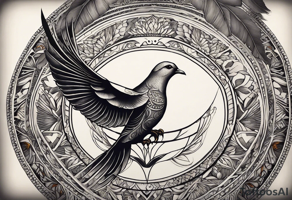 A full tattoo sleeve with a strong, masculine design, featuring a central motif of a majestic dove in flight, symbolizing peace and freedom. The dove is depicted with detailed feathers and dynamic movement, making it the focal point of the sleeve. Positioned subtly yet prominently, an intricately detailed eye within an equilateral triangle is incorporated into the design, representing the all-seeing eye or third eye. This eye is carefully shaded to blend seamlessly with the overall design, providing a symbolic layer without overshadowing the dove. Surrounding these elements, incorporate roses and leaves, rendered with rich, deep shading to create a cohesive and elegant backdrop. The roses, symbolizing beauty and resilience, and the leaves, adding a touch of natural grace, weave around the dove and eye, creating a harmonious and integrated look. The design features bold shading and contrasts, enhancing the details of both the dove and the floral elements, resulting in a powerful and balanced masculine sleeve with a blend of symbolic and artistic depth. tattoo idea