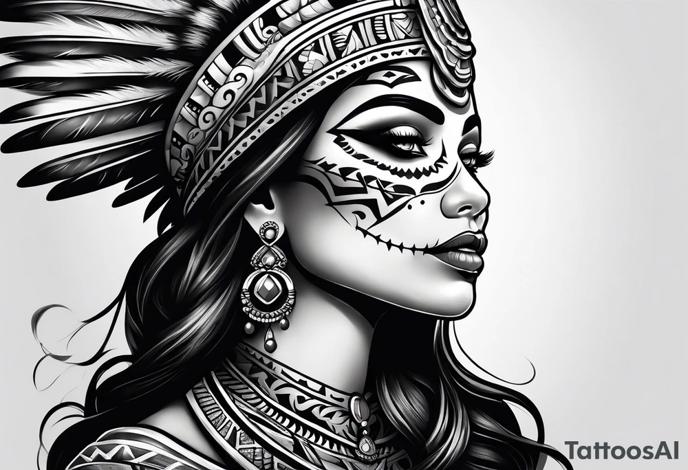 Aztec princess side profile day of the dead tattoo idea
