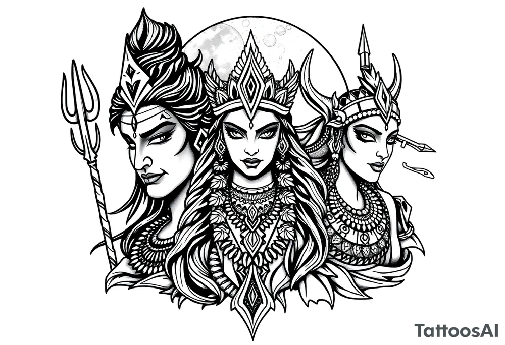 Lord Shiva, Godess Kali, Godess Lilith Together with the moon in the background tattoo idea