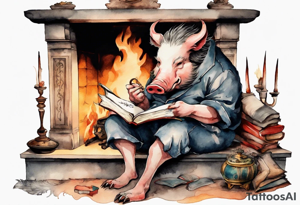 an old boar with tusks sitting by a fireplace reading a book tattoo idea
