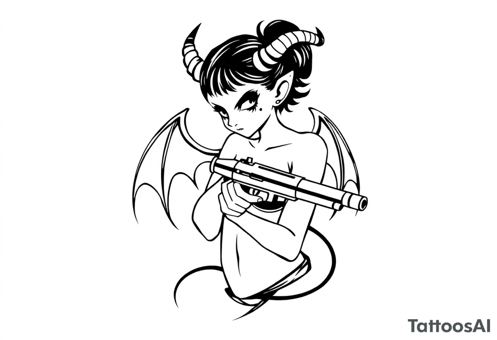 demon girl holding gun tattoo idea