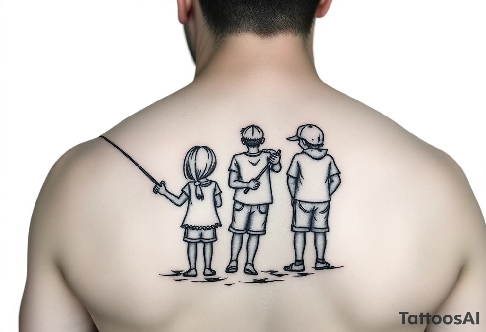 Dad fishing with 3 kids 
1Daughter and 2 sons tattoo idea