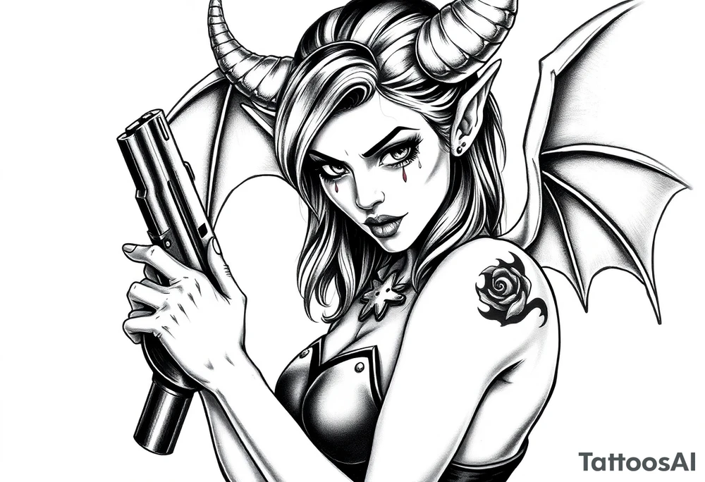 demon girl holding gun tattoo idea
