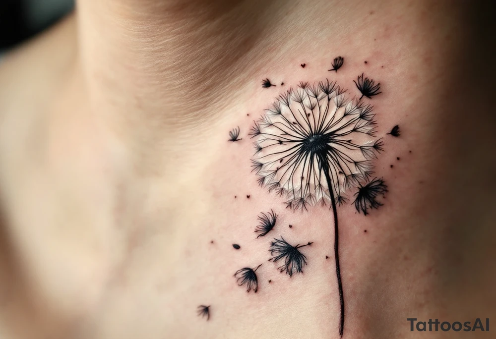 Dandelion in subtle rust and shadow-gray, seeds lifting into the shape of a heart as they scatter. tattoo idea