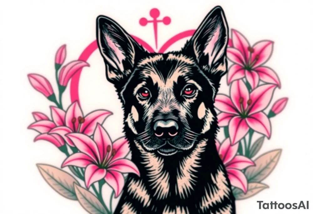 strong looking short haired german shepherd with alert ears surrounded by pink lilies with large leaves in front of a sacred heart tattoo idea