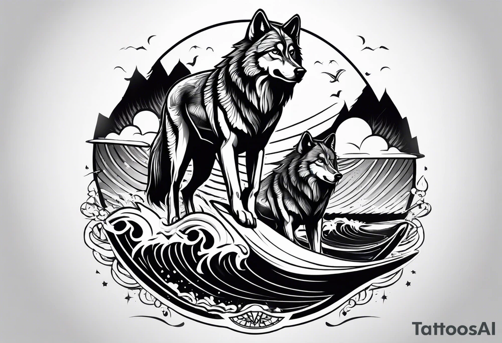 a pack muscular of wolves on surfboards tattoo idea
