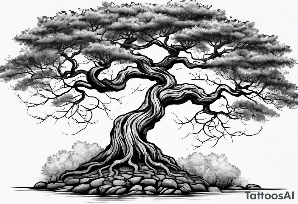 Tree growing out of stone cliff with roots growing in between cracks tattoo idea