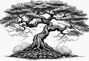 Tree growing out of stone cliff with roots growing in between cracks tattoo idea