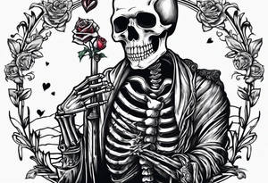 depressed skeleton handing his stabbed heart to someone tattoo idea