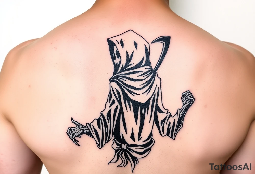 Simple grim reaper looking back holding his hand out to hold tattoo idea