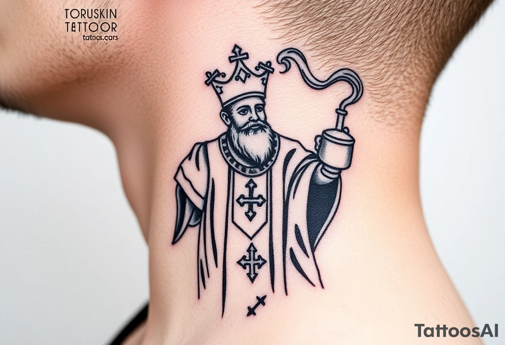 Russian Orthodox Priest in fully detailed vestment swinging a censer with smoke curling upward tattoo idea