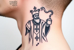 Russian Orthodox Priest in fully detailed vestment swinging a censer with smoke curling upward tattoo idea
