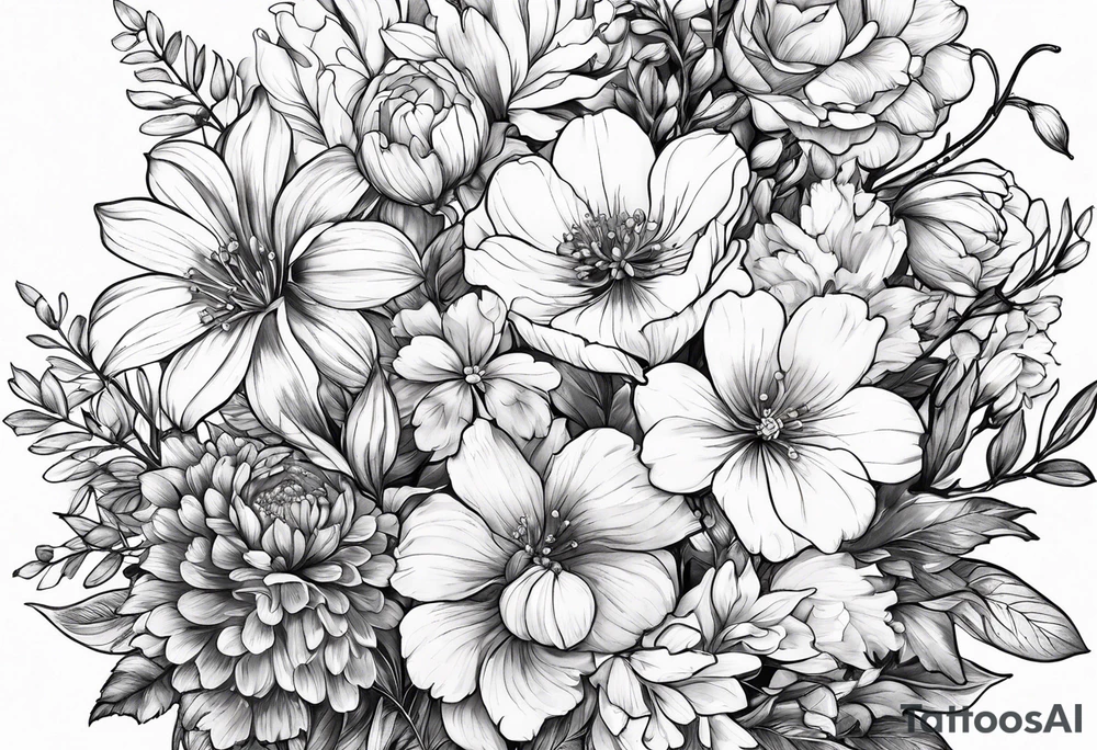 birth flower bouquet with February March August August and October birth flowers tattoo idea